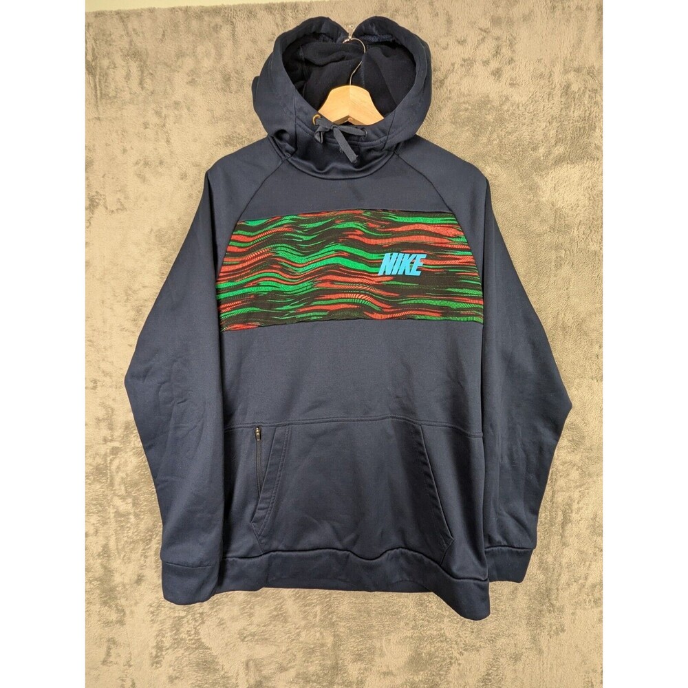 Nike Dri Fit Hoodie Men's M Dark Blue Graphic Logo Front Pullover Long Sleeves